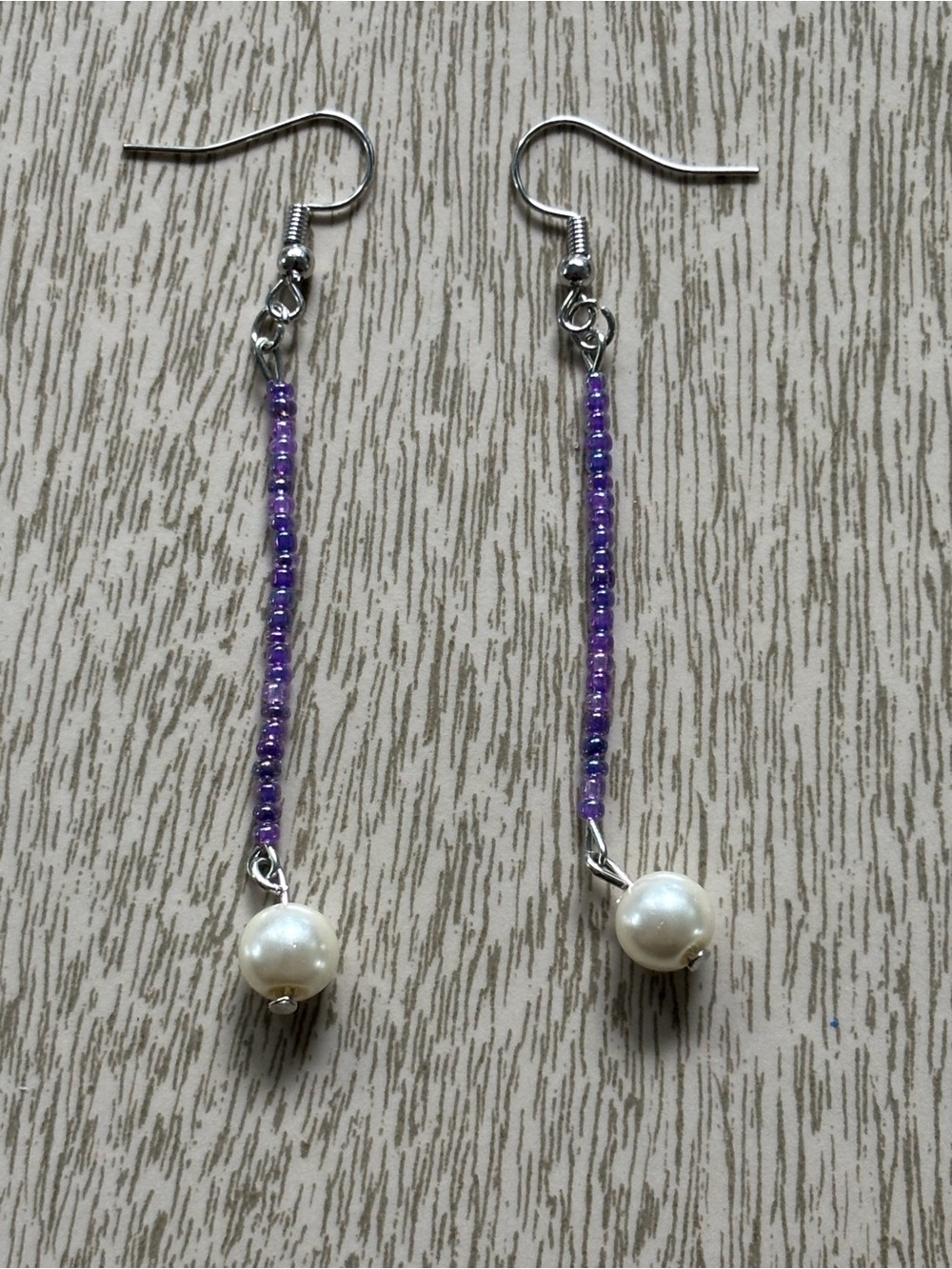 Hand Crafted Purple Beaded Drop Earrings with Pearl